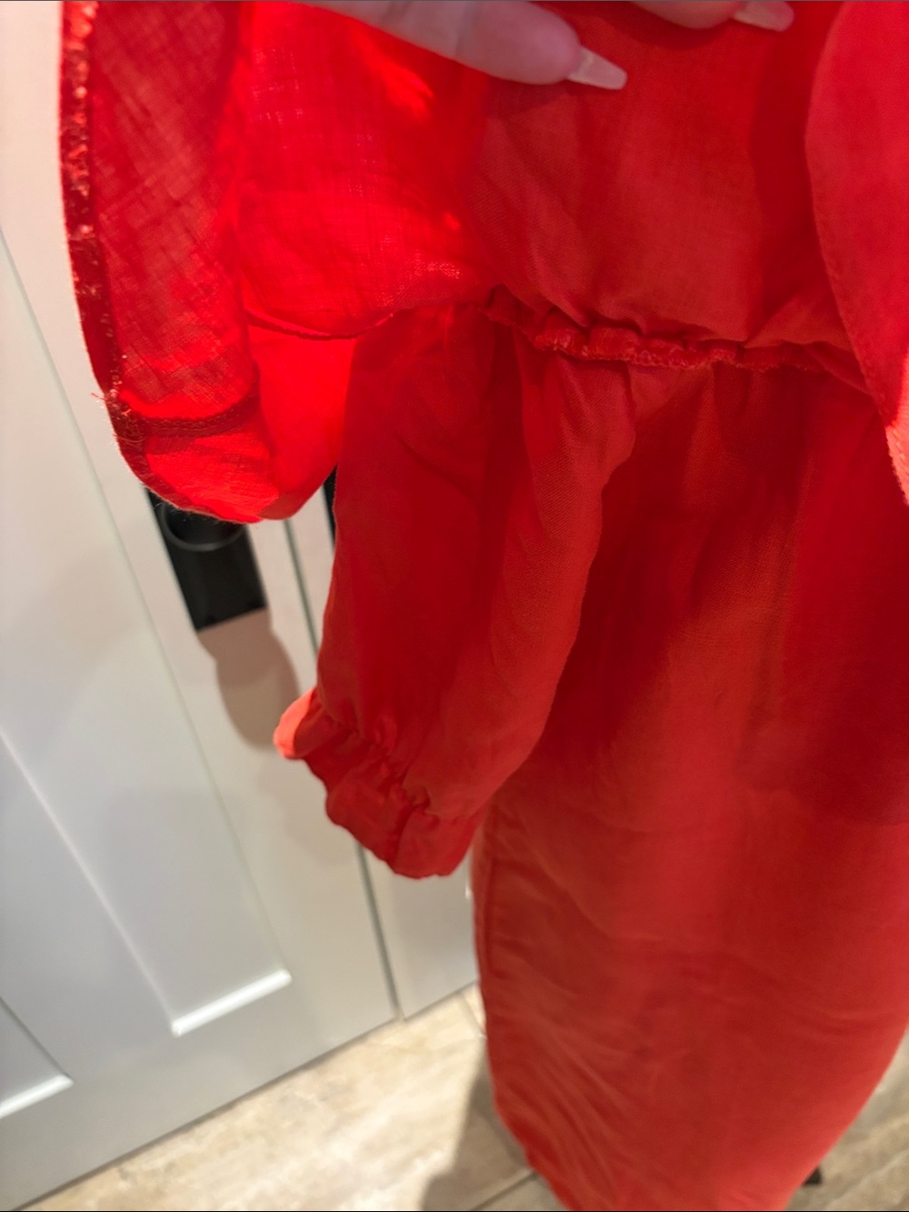 Off-the-Shoulder Red Ruffle linen Dress - Picture 6 of 7